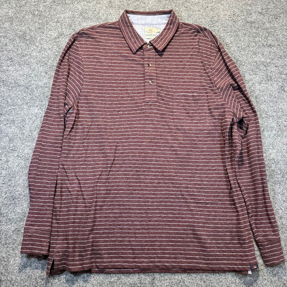 Faherty Long Sleeve Polo Mens XL Maroon Striped Coastal Organic Cotton 6309
